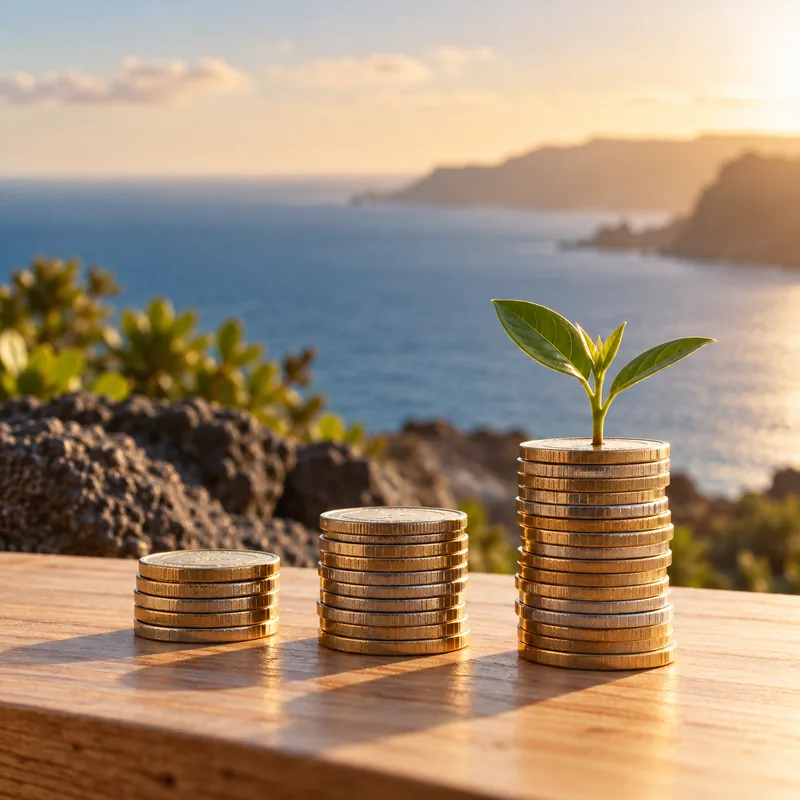 Pilas de monedas que crecen con un brote verde, frente al mar