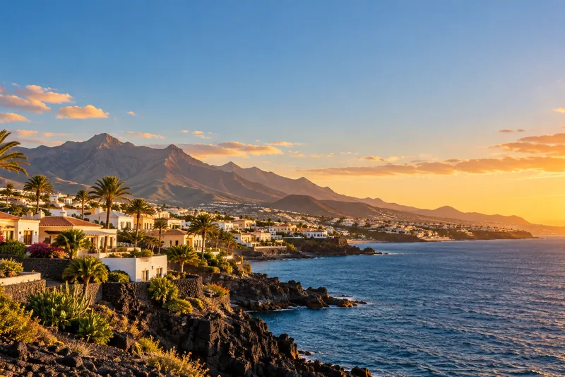 Costa del sur de Tenerife al atardecer, con casas blancas, palmeras y montañas volcánicas