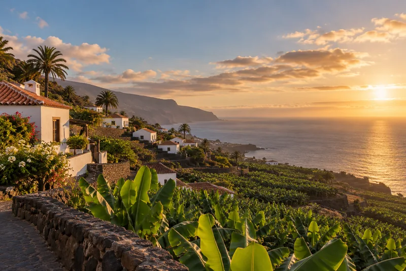 Pueblo de casas blancas entre plataneras frente al mar en Canarias