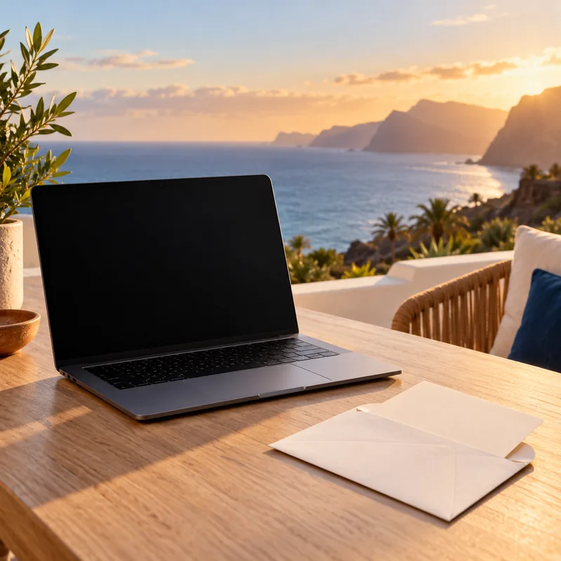 Portátil y un sobre con documentos sobre una mesa con vistas al mar